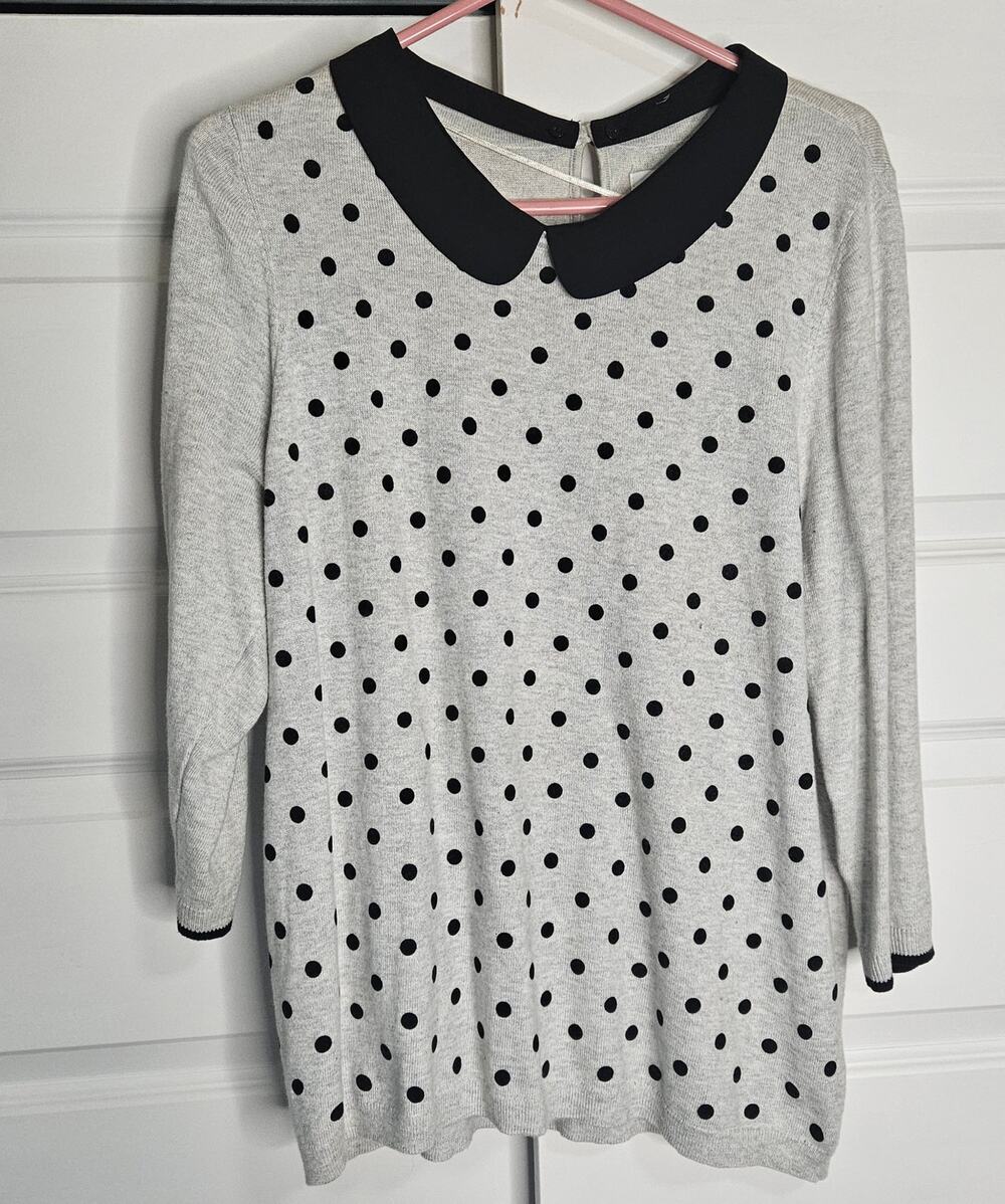 ELLE Polka Dot Sweater Peter Pan Detachable Collar Gray Black XL